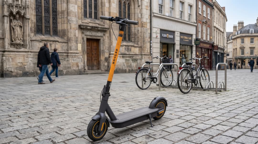 A parked scooter, with a city street in the background. Mobilitybro's hero main image for desktop.