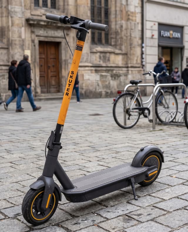 A parked scooter, with a city street in the background. Mobilitybro's hero main image for mobile.